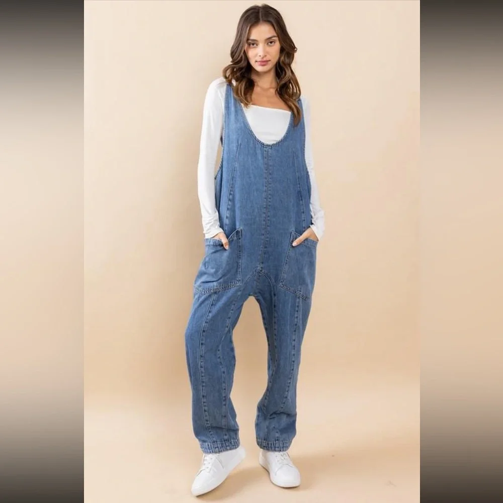 17 Fabulous Acid washed denim deep front v neck overall - Picture 3 of 5